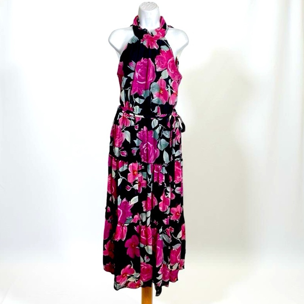 Kate and Lily Navy Pink Floral Halter Neck Chiffon Maxi Dress Size 10